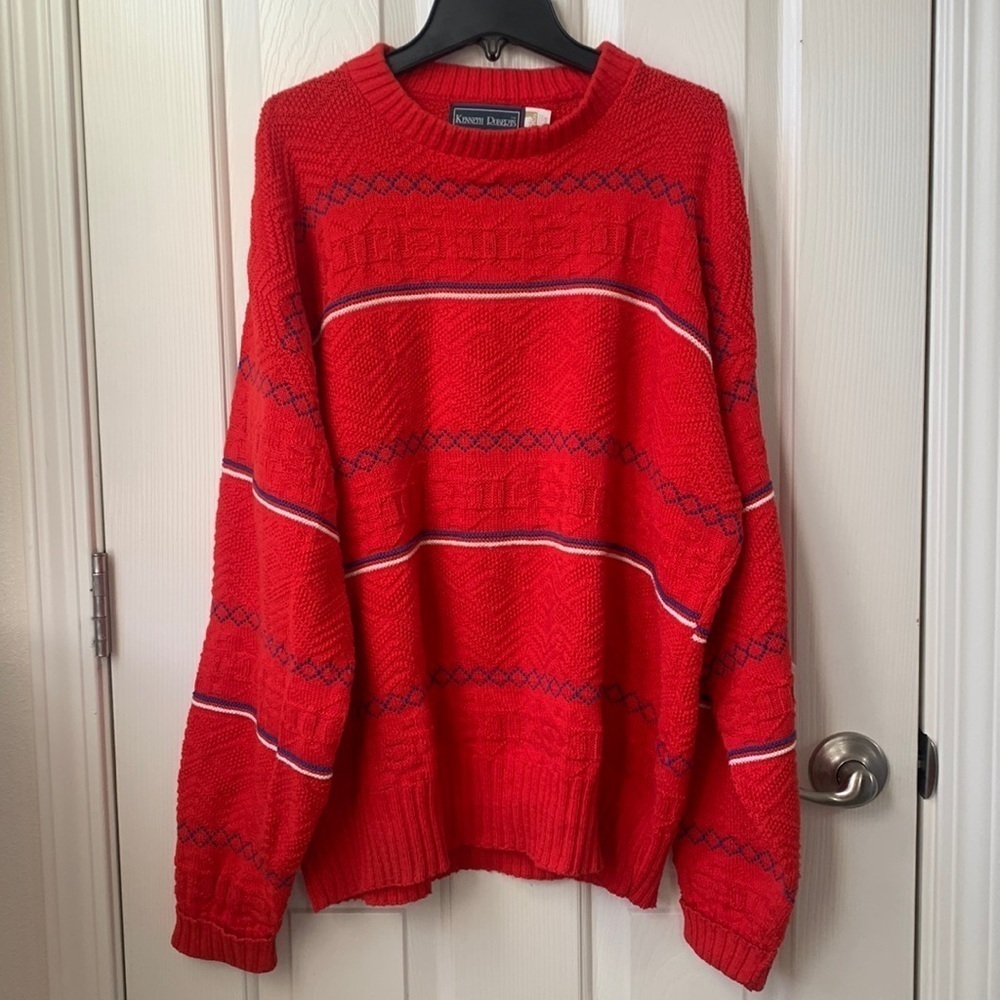 Kenneth Roberts Men Vintage 100% Cotton Knitted Holiday Sweater Large Red